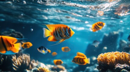 Fototapeta premium Vibrant underwater scene featuring colorful fish swimming among coral reefs.