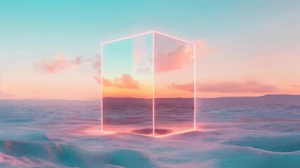 A glowing neon cube stands in a surreal pastel desert landscape at dusk, blending futuristic elements with a dreamy atmosphere. - Powered by Adobe