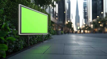 Fototapeta premium A green billboard with a white background sits in front of a green hedge
