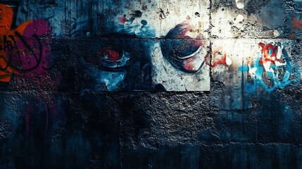 Intense Urban Mural: Glaring Eyes on a Graffiti-Covered Brick Wall. AI Generated