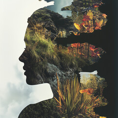 Profile Silhouette Infused with Forest and Grassy Landscape
