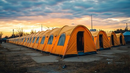 Sunset Over Refugee Camp: Temporary Housing at Dusk. AI Generated