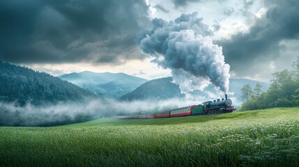 Naklejka premium A vintage steam engine pulling a passenger train through a rural landscape, its billowing smoke plumes creating a nostalgic scene.