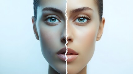 Fototapeta premium 45. A symmetrical split of a male and female face structure, on a white background