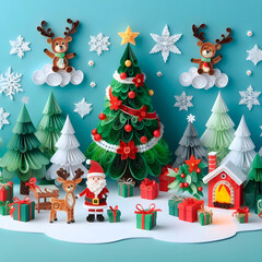 Naklejka premium a wall with a christmas tree and a snowman and reindeer