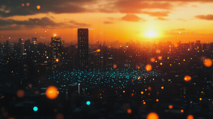 Fototapeta premium Smart digital city with connection Innovation network reciprocity over the sunset cityscape Concept of future wireless digital city and social media networking systems that connects business people