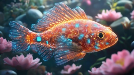 Fototapeta premium A vibrant, digitally enhanced fish swims among water lilies in a serene aquatic setting.