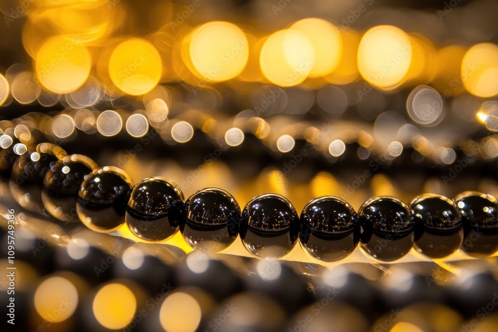 Poster Close-up of glossy black beads with a blurred golden background creating a bokeh effect.