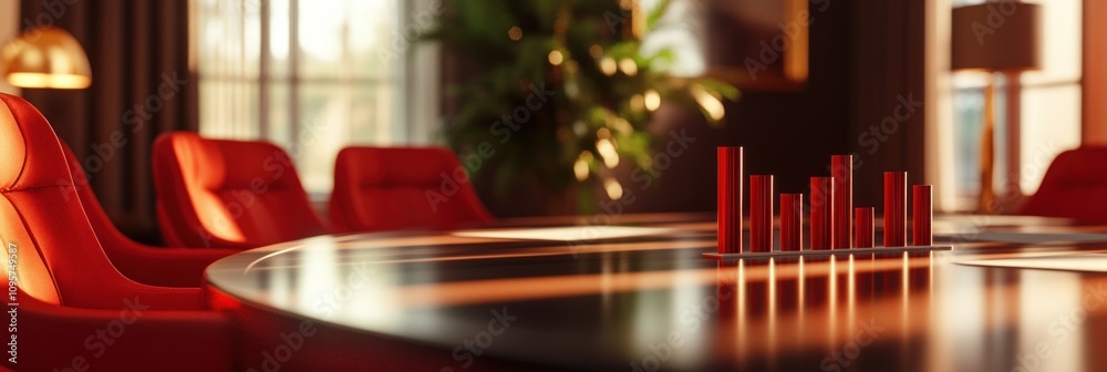 Poster A modern conference room with a sleek table and red chairs, featuring a data visualization.