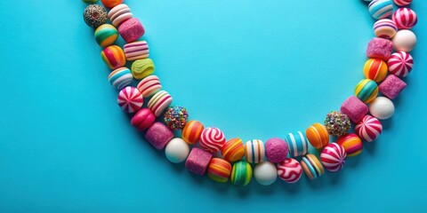 Obraz premium Candy necklace on a blue background, sweet, jewelry, colorful, childhood, sugar, treat, snack, edible, fashion, accessory, fun