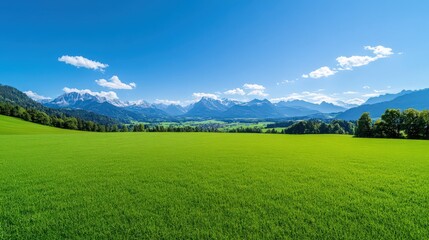 Fototapeta premium A large, open field with a clear blue sky and mountains in the background