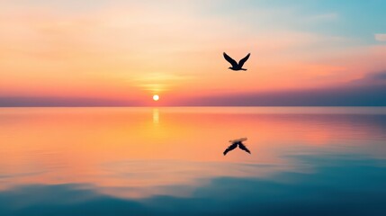 Obraz premium A bird flies over a calm ocean at sunset