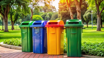 Close-up of modern, brightly colored trash cans in the park for recycling and waste separation, recycling
