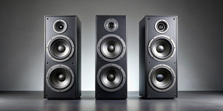 One speaker system on the left with two speakers on a gray background, speaker system, left, two speakers