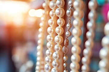 A close-up of pearl necklaces hanging, showcasing their elegance and beauty.