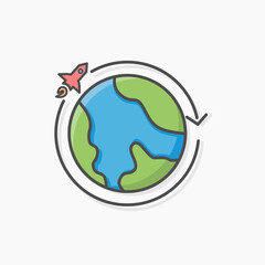 Space planet vector illustration drawn with globe elements and circling rocket. Designed in a simple cartoon flat style. 