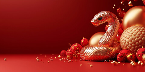 Obraz premium 2025 Chinese lunar new year concept, year of the snake. Golden snake on a red background.