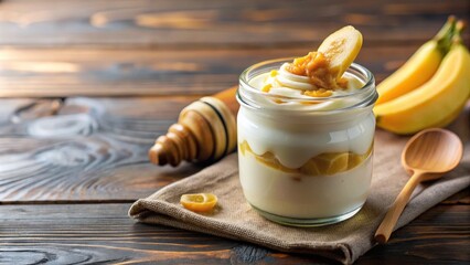 Creamy homemade milk yogurt with fresh banana pieces and drizzled with sweet honey, yogurt, homemade, milk, banana, honey