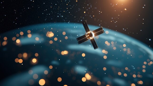 A satellite orbiting Earth, transmitting data and connecting people across continents, symbolizing the power of technology in facilitating global knowledge sharing.