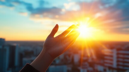 A hand is raised in the air, with the sun shining on it