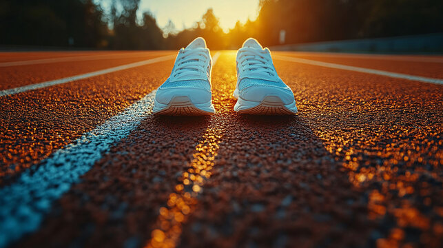 A pair of running shoes on an empty track in the early morning light, ideal for promotions related to fitness, running events, and personal wellness.