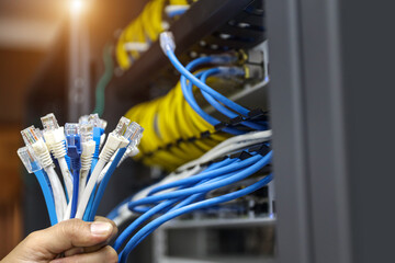 Hand and LAN internet network cable or RJ45 UTP Cat6 fiber optic Ethernet cables for computer data...