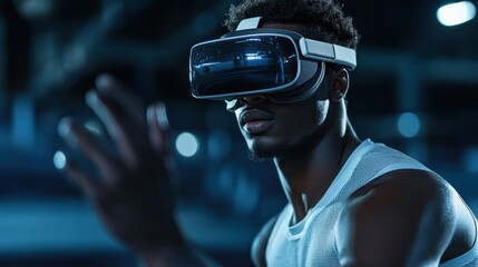 A person wearing a virtual reality headset, interacting with a digital environment.