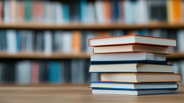 A stack of books on a table in front of a library