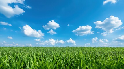 Obraz premium A field of grass with a blue sky and clouds