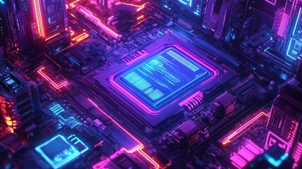 Fototapeta premium Neon-lit circuit board with central processor.