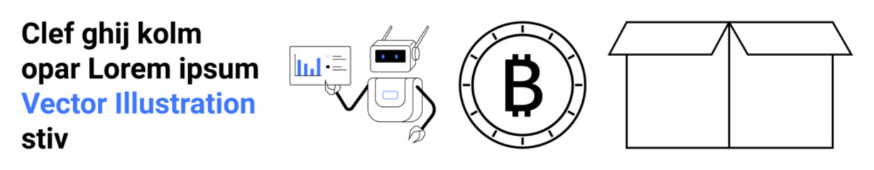 Robot analyzing data, Bitcoin symbol, and open box. Ideal for technology, cryptocurrency, digital analysis, AI, logistics, finance, e-commerce Landing page