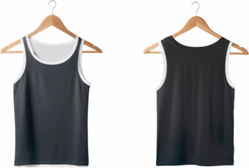 Dark Grey Men s Sleeveless Shirt Mockup Front and Back Views on Wooden Hanger