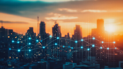 Fototapeta premium Smart digital city with connection Innovation network reciprocity over the sunset cityscape Concept of future wireless digital city and social media networking systems that connects business people