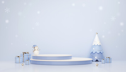 3D rendering blue and white product display platform, with cute snowman, gift boxes and stylish Christmas tree model on light blue sky background. Christmas decoration scene for product presentation.