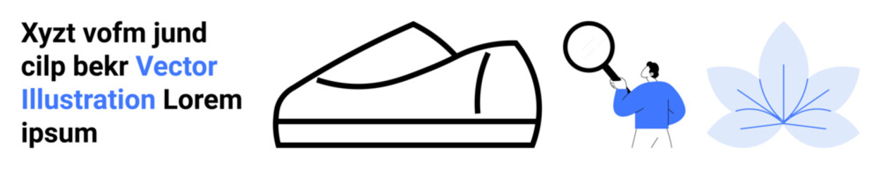 Black and white sneaker outline, person with magnifying glass, and abstract flower-thumbs up shape. Ideal for fashion, research, minimalism, simplicity, modern design, education, promotion. Landing