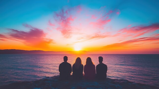 A group of four people are sitting on a rock by the ocean, watching the sun set