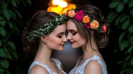 Obraz premium Tender Moment of Love: Close-Up Shot of Two LGBTQ Partners Sharing a Beautiful Connection Surrounded by Lush Greenery and Romantic Floral Accents