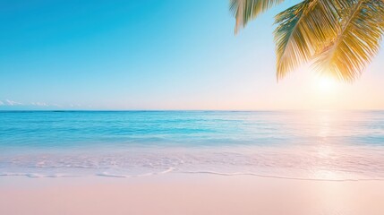 Obraz premium A beautiful beach with a palm tree in the foreground