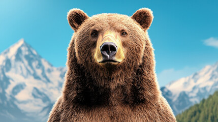 Obraz premium brown bear stands majestically in foreground, showcasing its powerful presence against backdrop of blurred mountains. serene blue sky enhances natural beauty of this wild animal