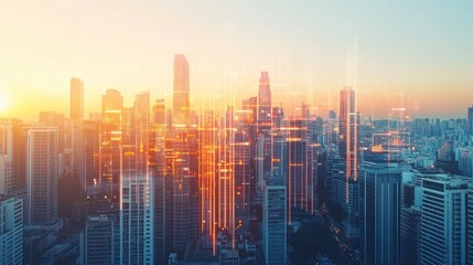 Fototapeta premium Sunrise over a futuristic cityscape with digital data overlay.
