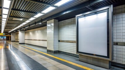 Large blank advertising billboard in underground pedestrian walkway near train station, blank, template