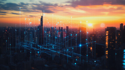 Smart digital city with connection Innovation network reciprocity over the sunset cityscape Concept of future wireless digital city and social media networking systems that connects business people