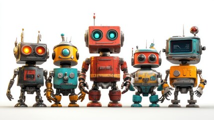 Fototapeta premium A group of colorful, vintage-style robots standing together in a playful arrangement.