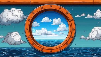 vibrant porthole view reveals stunning ocean and sky, showcasing fluffy clouds and deep blue waters. This retro design captures essence of maritime adventure and tranquility