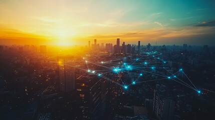Fototapeta premium Smart digital city with connection Innovation network reciprocity over the sunset cityscape Concept of future wireless digital city and social media networking systems that connects business people