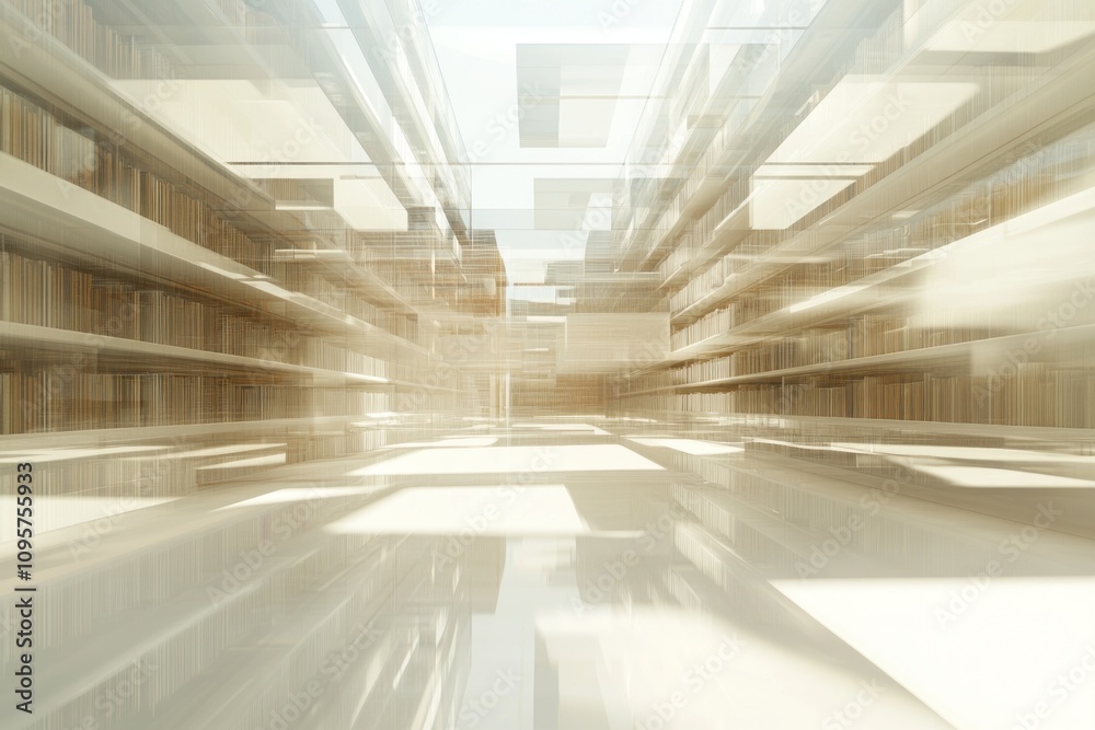 Poster abstract representation of a modern library with blurred shelves and light effects.