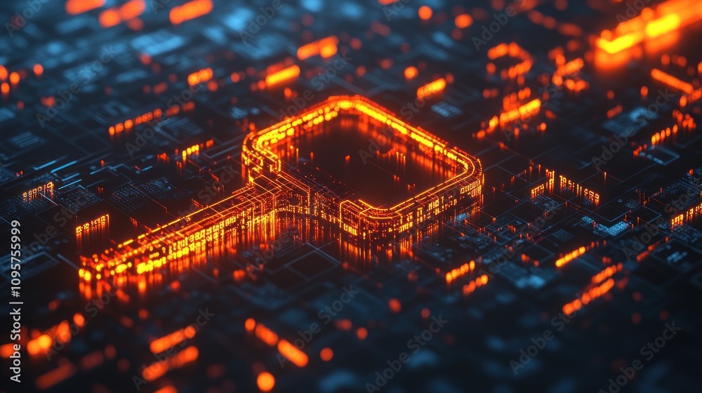Poster A glowing digital circuit pattern resembling a magnifying glass in a tech-themed environment.