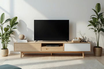 Wooden TV cabinet in a Scandinavian decor living room. Front view.