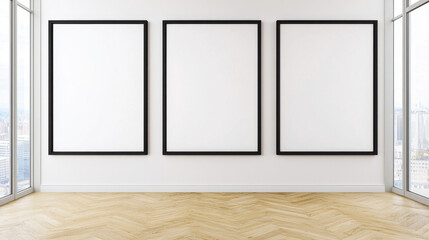 Three large blank black poster frames hang on white wall in modern room, showcasing minimalist design. wooden floor adds warmth to space, creating inviting atmosphere