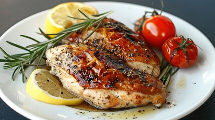 Gourmet Roasted Turkey Presentation: Rosemary, Tomatoes, and Garlic on a White Plate